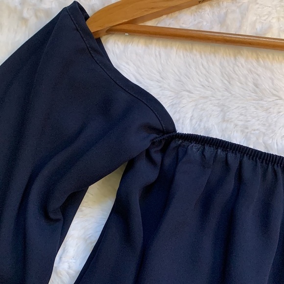 SIMLU navy Strapless Loose Off Shoulder Long Sleeve Chiffon Shirt Blouse Top - Picture 6 of 7